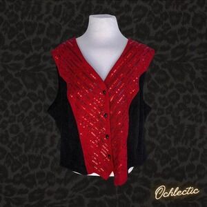 Bob Mackie Red and black sequin button-up vest with a touch of glamour
